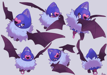 absurdres black_eyes bright_pupils commentary_request fangs full_body gen_5_pokemon happy highres multiple_views nintendo no_humans ouran pokemon pokemon_(creature) signature simple_background smile swoobat white_pupils
