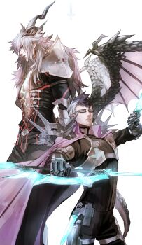 2boys abs armor blue_eyes blue_hair cape dark-skinned_male dark_skin dragon_boy dragon_horns fate/apocrypha fate/grand_order fate_(series) fighting_stance glasses green_eyes highres horns kuroda_matsurika long_hair looking_at_viewer male_focus mini_wings multicolored_hair multiple_boys open_mouth pectorals platinum_blonde_hair revealing_clothes short_hair shoulder_armor shoulder_spikes siegfried_(fate) sigurd_(fate) simple_background spiked_hair spikes sword weapon white_hair wings