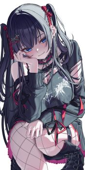 1girl black_boots black_hair black_skirt black_sweater blue_eyes body_chain boots breasts cleavage closed_mouth collar commentary cross-laced_clothes cross-laced_sleeves earrings fishnet_pantyhose fishnets foot_out_of_frame frilled_collar frills hair_ornament hair_ribbon hairclip hand_on_own_face heart heart_earrings highres jewelry long_hair long_sleeves looking_at_viewer miniskirt nyo2_ng o-ring_collar off-shoulder_sweater off_shoulder pantyhose plaid_ribbon pleated_skirt print_sweater red_collar red_ribbon ribbon shirayuki_hina simple_background skirt smile solo squatting stellive sweater torn_clothes torn_sweater two_side_up virtual_youtuber white_background x_hair_ornament