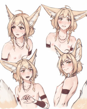 1girl ahoge animal_ear_piercing animal_ears braid clenched_teeth crying crying_with_eyes_open multiple_expressions flat_chest fox_ears fox_girl highres jewelry khiara_(personal_ami) medium_hair multiple_views necklace nipples nude original personal_ami short_hair simple_background tears teeth twin_braids upper_body white_background wince yellow_eyes