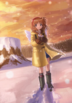 1girl absurdres anbiyori angel angel_wings backlighting backpack bag black_boots blue_shorts boots brown_eyes brown_hair brown_mittens closed_mouth coat commentary crying crying_with_eyes_open doll eyebrows_hidden_by_hair fake_wings full_body glowing hair_between_eyes hairband hands_up highres holding holding_doll kanon long_sleeves looking_at_viewer medium_hair mittens outdoors red_hairband ribbed_sweater shorts smile snow snowing solo split_mouth standing sunset sweater tareme tears tsukimiya_ayu turtleneck turtleneck_sweater white_sweater wings winter yellow_coat