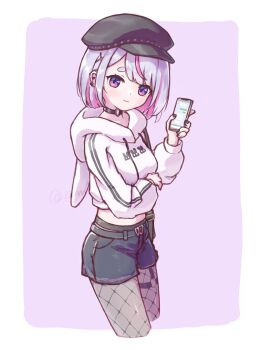 1girl absurdres aimai_m0ko animal_hood belt black_belt black_choker black_hat black_nails blue_shorts border cellphone choker closed_mouth colored_inner_hair commentary_request cropped_hoodie cropped_legs denim denim_shorts drawstring ear_piercing earrings fishnet_pantyhose fishnets grey_hair grey_pantyhose hair_ornament hat highres holding holding_phone hood hood_down hoodie jewelry long_sleeves looking_at_viewer multicolored_hair newsboy_cap o-ring o-ring_choker o-ring_thigh_strap pantyhose phone piercing pink_eyes pink_hair pink_streaks purple_background rabbit_hood short_hair shorts simple_background smartphone smile solo streaked_hair thigh_strap tosaki_mimi tosaki_mimi_(3rd_costume) twitter_username virtual_youtuber vspo! white_border white_hoodie x_hair_ornament