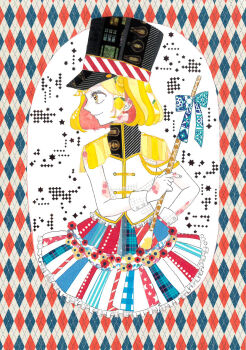 Rule 34 | 1girl, 922pochan, argyle background, black hat, blonde hair, blue bow, blue skirt, bow, collared jacket, commentary request, epaulettes, frilled jacket, frilled skirt, frills, hat, highres, holding, holding brush, jacket, long sleeves, masking tape (medium), military hat, military jacket, multicolored skirt, original, profile, red skirt, short hair, sidelocks, skirt, smile, solo, traditional media, unconventional media, upper body, white jacket, white skirt, yellow eyes