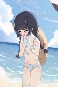 1girl bikini black_hair blue_archive crying flat_chest groin halo hat highres loli miyu_(blue_archive) miyu_(swimsuit)_(blue_archive) off_shoulder seaside straw_hat sunglasses swimsuit teardrop thighs tttlr