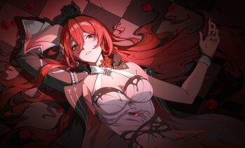 1girl absurdres alternate_eye_color black_jacket blood blood_on_ground borrowed_clothes bracelet breasts clear_water cleavage commentary_request dress earrings evernight_(honkai:_star_rail) hair_between_eyes hair_ornament hair_spread_out highres himeko_(honkai:_star_rail) honkai:_star_rail honkai_(series) jacket jewelry large_breasts long_hair looking_at_viewer lying march_7th_(honkai:_star_rail) on_back on_floor parted_lips possessed red_eyes red_hair silver_bracelet single_bare_shoulder single_earring single_off_shoulder solo tile_floor tiles upper_body very_long_hair white_dress