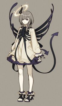 1girl akatsuki_luci black_eyes black_ribbon blunt_bangs commentary_request concept_art demon demon_tail demon_wings grey_hair half-closed_eyes halo hidari_(left_side) highres indie_virtual_youtuber lolita_fashion ribbon short_hair tail traditional_halo virtual_youtuber wings
