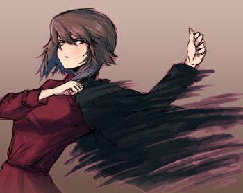 1girl black_jacket brown_background brown_eyes brown_hair clenched_hands clenched_teeth commentary_request dressing eyes_visible_through_hair girls_und_panzer hair_between_eyes highres jacket kuromorimine_military_uniform looking_to_the_side military_jacket mityubi nishizumi_maho parted_lips pleated_skirt red_shirt red_skirt shirt short_hair simple_background skirt solo teeth upper_body