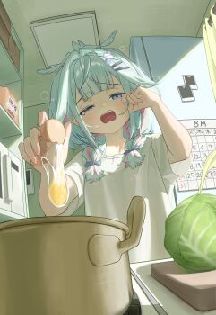 Rule 34 | 1girl, absurdres, black hair, blue bow, blue eyes, blue hair, bow, cabbage, commentary, egg, food, hair ornament, highres, holding, hololive, indoors, light blush, mizumiya su, multicolored hair, open mouth, pink hair, selopangji, shirt, solo, teeth, virtual youtuber, white shirt, x hair ornament, yawning