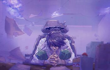 1boy bags_under_eyes black_hair chain cloud cloudy_sky crown_of_thorns death_note falling_paper hair_between_eyes halo highres holo303 hugging_own_legs l_(death_note) male_focus own_hands_clasped own_hands_together shirt short_hair sitting sky solo upper_body white_shirt