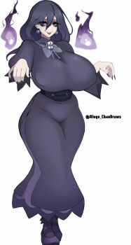 1girl bags_under_eyes black_eyeshadow black_lips black_nails breasts covered_erect_nipples dress earrings eyelashes eyeliner eyeshadow female_focus fingernails full_body goth_fashion hands_up hex_maniac_(pokemon) hex_maniac_(pokemon_legends:_z-a) huge_breasts jewelry lipstick long_fingernails long_hair long_sleeves looking_at_viewer makeup mature_female nail_polish nintendo pale_skin pokemon pokemon_legends:_z-a purple_dress purple_hair purple_shoes purple_thighhighs shoes simple_background solo standing teeth thighhighs white_background wide_hips