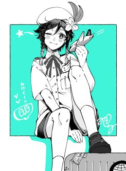 1boy absurdres aircraft airplane alternate_costume beret braid genshin_impact hat highres misoshiru_umai4 model one_eye_closed rolling_suitcase shirt shoes short_shorts shorts simple_background solo suitcase twin_braids two-tone_background venti_(genshin_impact) white_shirt