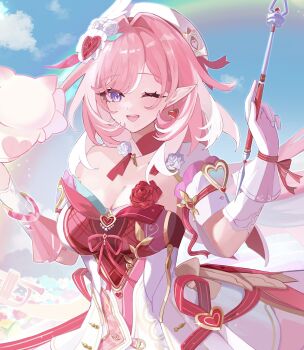 1girl ;o beret breasts cleavage commentary_request diamond-shaped_pupils diamond_(shape) dress elf elysia_(hi_love_elf)_(honkai_impact) elysia_(honkai_impact) gloves hat heart_ribbon highres holding_ribbon_baton honkai_(series) honkai_impact_3rd large_breasts little_messenger_(honkai_impact) long_hair looking_at_viewer multicolored_hair one_eye_closed pink_hair pointy_ears purple_eyes red_dress revision single_glove solo symbol-shaped_pupils tdatnst two-tone_hair very_long_hair white_dress white_gloves white_hair