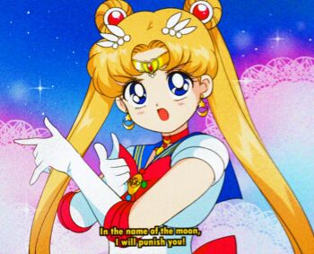 1990s_(style) 1girl back_bow bad_id bad_twitter_id bishoujo_senshi_sailor_moon blonde_hair blue_background blue_eyes blue_sailor_collar bow bowtie brooch choker circlet commentary commentary_request crescent crescent_choker crescent_earrings determined dot_nose double_bun double_finger_gun earrings elbow_gloves english_text eyelashes fake_screenshot faux_retro_artstyle film_grain finger_gun gloves hair_bun hair_ornament honeymoonpetal jewelry lace_background leotard light_blush light_particles long_hair looking_at_viewer magical_girl official_style open_mouth pointing pointing_at_viewer red_bow red_bowtie red_choker retro_artstyle romaji_commentary sailor_collar sailor_moon short_sleeves solo sparkle star_(symbol) star_earrings tareme tsuki_ni_kawatte_oshioki_yo tsukino_usagi twintails upper_body very_long_hair white_gloves white_leotard
