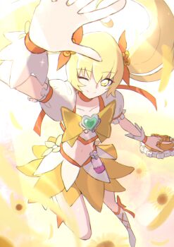 Rule 34 | 1girl, ;), arema, arm up, blonde hair, boots, bow, brooch, choker, closed mouth, collarbone, commentary request, crop top, cure sunshine, flat chest, full body, hair between eyes, hair ribbon, heart, heart brooch, heartcatch precure!, highres, holding, holding instrument, instrument, jewelry, knee boots, light rays, long hair, looking at viewer, magical girl, midriff, myoudouin itsuki, navel, one eye closed, orange bow, orange choker, orange skirt, precure, puffy short sleeves, puffy sleeves, ribbon, shiny tambourine (heartcatch precure!), shirt, short sleeves, sidelocks, skirt, smile, solo, tambourine, twintails, white boots, white shirt, wrist cuffs, yellow bow, yellow eyes