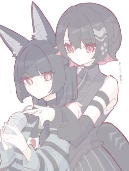 2girls absurdres animal_ear_fluff animal_ears armband bare_shoulders black_hair black_skirt collar colored_inner_hair cup detached_sleeves drink drinking_straw ellen_joe fins fish_tail fox_ears fox_girl from_behind hair_between_eyes hand_on_another&#039;s_shoulder highres holding holding_drink hoshimi_miyabi long_hair looking_at_object looking_to_the_side mole mole_under_eye multicolored_hair multiple_arm_straps multiple_girls pointing pointing_at_object red_eyes scar scar_on_tail shark_girl shark_tail shirt short_hair sitting skirt sleeveless sleeveless_shirt standing striped_clothes striped_shirt striped_skirt tail white_background zenless_zone_zero zzzii0