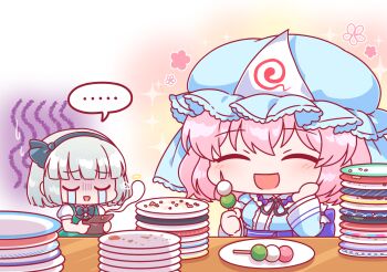 ... 2girls bag black_hairband blue_hat blue_kimono blush bow bowtie closed_eyes commentary_request crying dango eating food frilled_kimono frills gloom_(expression) glutton green_bow green_bowtie green_ribbon green_vest grey_hair hairband halo hand_on_own_cheek hand_on_own_face hat highres hitodama holding holding_bag japanese_clothes kaoling kimono konpaku_youmu konpaku_youmu_(ghost) mob_cap multiple_girls neck_ribbon open_mouth pink_hair plate ribbon saigyouji_yuyuko sanshoku_dango shirt sleeve_garter smile spoken_ellipsis streaming_tears tears touhou triangular_headpiece vest wagashi white_shirt wings