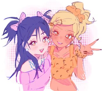 2girls ame_(tokwapatatas) animal_print blonde_hair blue_hair brown_hair commentary crop_top dark-skinned_female dark_skin earrings fingernails gyaru gyaruko_(vivinos) hair_ornament hair_scrunchie hashtag-only_commentary high_side_ponytail jewelry leopard_print long_fingernails long_hair midriff minako_(vivinos) multiple_girls off-shoulder_sweater off_shoulder orange_scrunchie pink_bitch_club scrunchie shirt sweater two_side_up w wrist_scrunchie yellow_eyes yellow_shirt