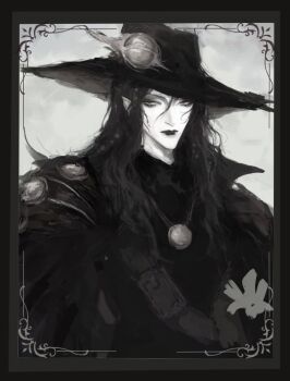 Rule 34 | 1boy, collared coat, commentary, d (vampire hunter d), greyscale, hair between eyes, hat, kirkkafrr, lipstick, long hair, looking to the side, makeup, male focus, monochrome, nose, picture frame, serious, solo, unfinished, upper body, vampire hunter d