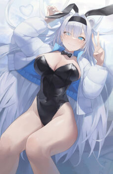 1girl absurdres alternate_costume animal_ears aqua_eyes arknights arm_up aurora_(arknights) bear_ears bear_girl black_bow black_bowtie black_hairband black_leotard blue_jacket blush bow bowtie breasts cleavage closed_mouth collar commentary_request covered_navel detached_collar extra_ears eyes_visible_through_hair fake_animal_ears feet_out_of_frame hair_between_eyes hair_over_one_eye hairband heart highres jacket large_breasts leotard long_hair long_sleeves looking_at_viewer lying multicolored_jacket no_pants on_back on_ground open_clothes open_jacket playboy_bunny rabbit_ears satellite999 snow solo thighhighs two-tone_jacket v white_collar white_hair white_jacket wide_hips