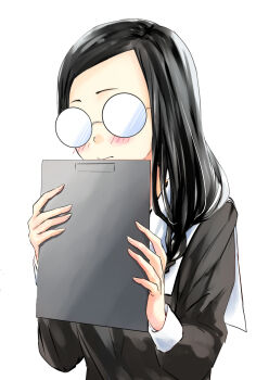 1girl black_hair blush clipboard commentary_request glasses highres holding holding_clipboard jimiko kaguya-sama_wa_kokurasetai_~tensai-tachi_no_renai_zunousen~ light_smile long_hair long_sleeves osaragi_kobachi saramaganekoko school_uniform shuuchiin_academy_school_uniform simple_background solo upper_body white_background