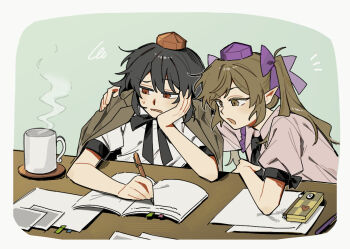 Rule 34 | 2girls, black bow, black bowtie, black hair, black necktie, bow, bowtie, brown eyes, brown hair, brown jacket, cellphone, collared shirt, commentary request, cup, flip phone, frilled shirt collar, frills, hand on another's shoulder, hand on own cheek, hand on own face, hat, himekaidou hatate, holding, holding pen, jacket, jacket on shoulders, long hair, mug, multiple girls, necktie, notebook, open mouth, pen, phone, pointy ears, purple hat, red eyes, red hat, sakic43899, shameimaru aya, shirt, squiggle, steam, sweatdrop, table, tokin hat, touhou, twintails, white shirt, writing