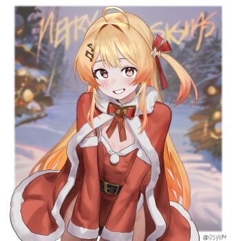 1girl bell blonde_hair blurry blurry_background cowboy_shot d5y0m highres hololive jingle_bell otonose_kanade pink_eyes red_ribbon regloss_(hololive) ribbon santa_costume signature smile snow virtual_youtuber