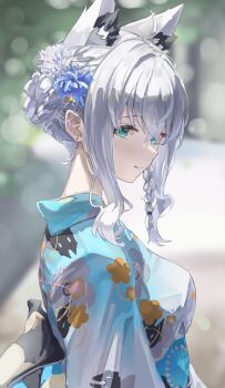 1girl animal_ears blue_kimono earrings floral_print floral_print_kimono flower fox_ears fox_girl green_eyes hair_flower hair_ornament highres hololive japanese_clothes jewelry kimono lazyramen long_sidelocks print_kimono profile shirakami_fubuki sidelocks solo solo_focus virtual_youtuber white_hair