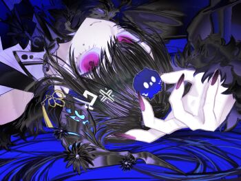 1girl absurdres arm_up black_bow black_bowtie black_hair black_horns black_vest blue_hair bow bowtie closed_mouth clothing_cutout collared_shirt colored_inner_hair commentary dress_shirt english_commentary feather-trimmed_sleeves flower flower_knot hair_ornament highres hololive hololive_english horn_flower horns light_smile long_hair looking_at_viewer lying mole mole_under_eye multicolored_hair nail_polish nerissa_ravencroft nerissa_ravencroft_(1st_costume) on_back pungson_mori purple_eyes purple_nails ribbed_shirt shirt shoulder_cutout smile solo tassel tassel_hair_ornament upper_body upside-down vest virtual_youtuber white_shirt