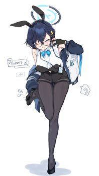 1girl absurdres adapted_costume animal_ear_hairband animal_ears black_gloves black_hairband black_leotard black_pantyhose blue-framed_eyewear blue_archive blue_bow blue_bowtie blue_hair blue_halo bow bowtie breasts chihiro_(blue_archive) commentary_request fake_animal_ears glasses gloves grey_eyes hair_between_eyes hair_ornament hairband halo high_heels highres jacket large_breasts leotard looking_at_viewer nontraditional_playboy_bunny one_eye_closed pantyhose rabbit_ear_hairband rabbit_ears rabbit_hair_ornament ryo_(ryo_skrdi) semi-rimless_eyewear short_hair solo under-rim_eyewear white_jacket