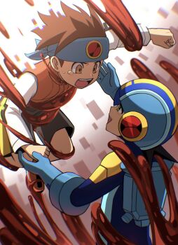 2boys black_shorts blue_bodysuit blue_headband bodysuit brothers brown_eyes brown_hair green_eyes hanjuku1010 headband highres lan_hikari_(mega_man) mega_man_(series) mega_man_battle_network_(series) megaman.exe multiple_boys netnavi open_mouth orange_vest shirt shorts siblings slime_(substance) smile tears twins vest white_shirt