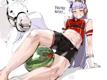 1girl abs alterkyon animal_ears armband between_thighs black_shorts blunt_bangs bow breasts brown_hat creature_and_personification crop_top cropped_shirt crushing crushing_food ear_bow ear_ribbon english_text food fruit gloves gold_ship_(racehorse) gold_ship_(umamusume) grey_hair hat highres horse horse_ears horse_girl horse_tail long_hair looking_at_viewer medium_breasts navel personification pillbox_hat purple_eyes real_life red_armband shorts smile tail thigh_strap umamusume watermelon watermelon_between_thighs white_background white_gloves white_horse