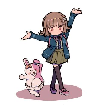 1girl absurdres arm_up bow breasts brown_hair collared_shirt danganronpa_(series) danganronpa_2:_goodbye_despair diaper ear_bow flipped_hair hair_ornament highres hood jacket long_sleeves looking_at_viewer medium_hair nanami_chiaki neck_ribbon open_clothes open_jacket outstretched_arms pink_eyes pink_ribbon pink_shoes pleated_skirt ribbon shirt shirt_tucked_in shoes skirt standing thighhighs white_shirt youko-shima