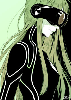 1girl black_background black_bodysuit bodysuit from_side goggles green_background green_hair hi_(ibisf5umauma) limited_palette long_hair oracle_(persona_5) parted_lips persona persona_5 sakura_futaba solo straight_hair turtleneck twitter_username two-tone_background upper_body very_long_hair