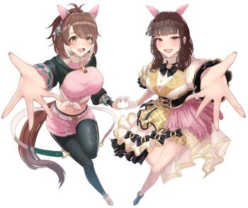2girls absurdres black_corset blush boots breasts brown_eyes brown_hair commentary_request corset cropped_shirt dantsu_flame_(center_spotlight)_(umamusume) dantsu_flame_(umamusume) ear_covers fukushima_haruna green_boots green_pantyhose heart heart_hands heart_hands_duo highres jacket kaniitama large_breasts long_hair multiple_girls navel open_mouth pantyhose pink_shirt pink_shoes pink_shorts ponytail reaching reaching_towards_viewer real_life shirt shoes shorts skirt stomach umamusume voice_actor voice_actor_connection white_jacket white_shirt yellow_eyes yellow_skirt