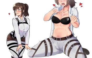 1girl belt black_bra blush bra breasts brown_belt brown_eyes brown_hair commentary cum cum_in_mouth cum_on_body cum_on_breasts cum_on_hands cum_on_upper_body cumdrip english_commentary female_focus heart hentaly highres looking_to_the_side medium_breasts multiple_views navel pants ponytail pussy_juice_stain sasha_blouse shingeki_no_kyojin shirt short_ponytail sidelocks strapless strapless_bra survey_corps_(emblem) teeth three-dimensional_maneuver_gear underwear upper_teeth_only white_pants white_shirt