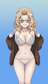 1girl bikini blonde_hair blue_background blue_eyes breasts brown_jacket cleavage commentary_request cowboy_shot girls_und_panzer grin hair_intakes highres jacket kay_(girls_und_panzer) kkonmulbeom_nyomy large_breasts long_hair navel off_shoulder smile solo standing stomach sunglasses swimsuit wavy_hair white_bikini