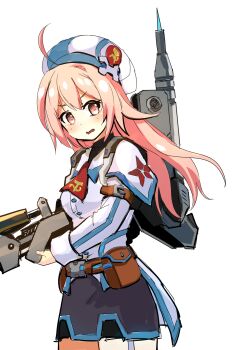1girl ahoge belt belt_pouch breasts cosmic_break gun hammer_and_sickle hat highres laika_volkova long_hair looking_at_viewer machine_gun open_mouth pink_eyes pink_hair pouch radio_antenna red_star skirt small_breasts soldier star_(symbol) tsiruot utility_belt weapon