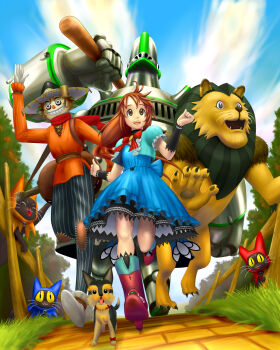 1girl 2009 4boys artist_name artist_request blue_dress bow bowtie brick brick_road brown_eyes brown_hair cowardly_lion dorothy_gale dorothy_gale_(riz-zoawd) dress lion long_hair long_skirt looking_at_viewer marching media.vision multiple_boys outdoors riz-zoawd scarecrow_(the_wizard_of_oz) skirt the_wizard_of_oz tin_man_(the_wizard_of_oz) toto_(the_wizard_of_oz) walking yellow_brick_road