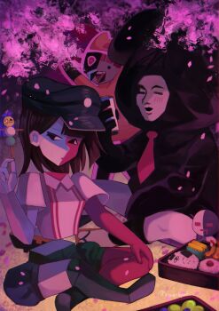 Rule 34 | 1boy, 1other, 2girls, blush, can, cherry blossoms, drink can, drunk, ena: dream bbq, ena (dream bbq), ena (series), food, froggy (ena), hat, highres, meanie ena, moony (ena), multiple girls, picnic, shirt, shorts, sitting, suspender shorts, suspenders, taski maiden (ena), taski maiden companion, usagimarumei