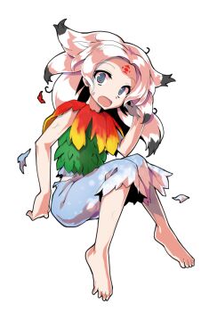 Rule 34 | 1girl, alphes (style), barefoot, black hair, blue eyes, blue skirt, capelet, colored tips, commentary request, dairi, defeat, facial mark, feather capelet, feathers, flat chest, forehead, forehead mark, fossilized wonders, full body, gradient feathers, green leaf, hand up, houjuu chimi, large variant set, leaf clothing, leaf shirt, long hair, looking at viewer, multicolored hair, open mouth, parody, red feathers, shirt, simple background, skirt, sleeveless, sleeveless shirt, solo, style parody, sweatdrop, tachi-e, tearing up, torn capelet, torn clothes, torn skirt, touhou, transparent background, variant set, white hair, wide-eyed, yellow feathers