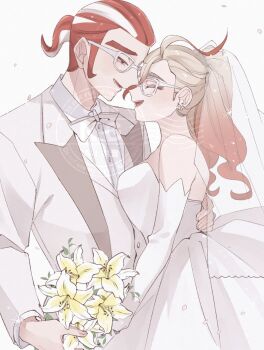 1boy 1girl commentary_request couple dress flower formal_clothes griselle_(pokemon) grisham_(pokemon) highres inu_game_1 multicolored_hair nintendo pokemon pokemon_legends:_z-a split_ponytail suit wedding white-framed_eyewear white_dress