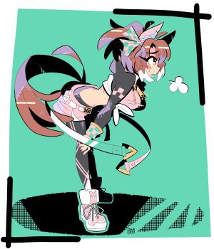 absurdres ahoge animal_ears belt black_shrug bourbunbun bow brown_hair checkered_ribbon commentary dantsu_flame_(umamusume) ear_covers ear_ornament ear_ribbon english_commentary exhausted halftone highres horse_ears horse_girl horse_tail leggings_under_shorts multicolored_hair orange_eyes pink_shorts shirt shoes shorts shrug_(clothing) sweat tail tied_shirt two-tone_hair umamusume umamusume:_beginning_of_a_new_era white_hair