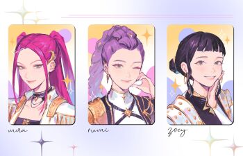 3girls alternate_costume black_hair blunt_bangs braid character_name closed_mouth commentary double_bun duetrofl earrings english_commentary english_text bad_tag hair_bun hair_up hand_on_own_cheek hand_on_own_face happy jewelry kpop_demon_hunters light_smile looking_at_viewer mira_(kpop_demon_hunters) multiple_girls one_eye_closed picture_frame purple_hair red_hair rumi_(kpop_demon_hunters) short_bangs signature single_braid smile teeth twintails zoey_(kpop_demon_hunters)