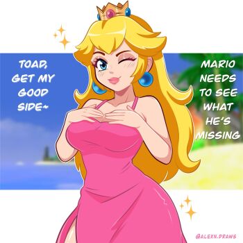 1girl alexndraws beach blonde_hair breasts commentary crown dress earrings english_commentary english_text eyeshadow gold_crown hands_on_own_chest highres jewelry lipstick long_hair makeup mario_(series) nintendo one_eye_closed pink_dress pink_eyeshadow pink_lips pointed_crown princess_peach