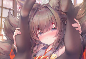 1girl amagi-chan_(azur_lane) animal_ear_fluff animal_ears azur_lane brown_hair brown_pantyhose chen_bin chinese_commentary closed_mouth commentary_request cropped detached_sleeves fox_ears fox_girl fox_tail grey_kimono hair_intakes highres japanese_clothes kimono kitsune kyuubi legs_up long_hair long_sleeves looking_at_viewer multiple_tails no_shoes paid_reward_available pantyhose purple_eyes red_sleeves sleeveless sleeveless_kimono solo tail wide_sleeves