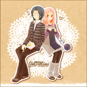 Rule 34 | 00s, 1boy, 1girl, blouse, brown eyes, cecily, character name, digimon, digimon adventure 02, heart, kido jo, knitting, pantyhose, parted bangs, pink hair, shirt, sitting, smile, striped clothes, striped shirt, tachikawa mimi, white shirt