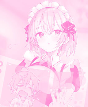 1boy 1girl absurdres apron arm_sling bandages broken_arm cast chibi commentary_request crying danshi_kinsei_game_sekai_de_ore_ga_yarubeki_yuiitsu_no_koto_yuri_no_ma_ni_hasamaru_otoko_to_shite_tensei_shite_shimaimashita frilled_apron frills haishiki highres holographic_interface holographic_monitor holographic_touchscreen maid maid_apron maid_headdress monochrome multiple_piercings novel_illustration official_art open_mouth sanjou_hiiro short_hair snow_(yurihasa)