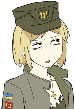 Rule 34 | 1girl, bags under eyes, blonde hair, breast tattoo, confused, fang, jacket, limestone (artist), looking to the side, marichka, mazepynka, military, military uniform, non-web source, open mouth, original, russo-ukrainian war, short hair, skin fang, solo, swastika, swastika tattoo, tattoo, tongue, transparent background, tryzub, ukrainian flag, upper body