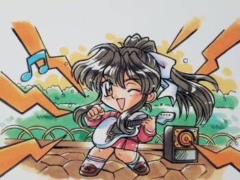 Rule 34 | 1girl, amplifier, beamed eighth notes, black hair, bow, brown eyes, brown shoes, chibi, chibi only, electric guitar, guitar, hair bow, highres, holding, holding guitar, holding instrument, instrument, kokomahi, loafers, long hair, looking at viewer, matsuoka chie, music, musical note, official art, one eye closed, open mouth, outdoors, playing instrument, pleated skirt, ponytail, red shirt, red skirt, school uniform, sentimental graffiti, shirt, shoes, skirt, smile, socks, solo, standing, traditional media, white bow, white socks