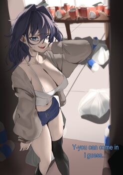 1girl :d absurdres black_hair black_socks black_thighhighs blue_eyes blue_shorts breasts camisole cleavage collarbone commentary daaku_(koizumi_arata) english_commentary english_text fang grey_jacket hair_between_eyes highres hololive hololive_english indoors jacket kneehighs large_breasts long_hair long_sleeves looking_at_viewer messy_hair messy_room midriff navel open_clothes open_jacket open_mouth ouro_kronii plastic_bottle puffy_long_sleeves puffy_sleeves short_shorts shorts single_kneehigh single_sock single_thighhigh smile socks solo spaghetti_strap table thighhighs tile_floor tiles too_many trash_bag virtual_youtuber white_camisole